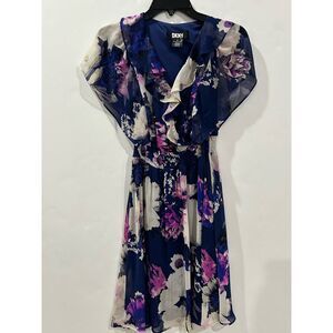 DKNY Navy Pink Floral short sleeve sheer lined surplice gathered waist dress 4P